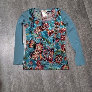 Floral Long Sleeve Top - Blue and Multicolor